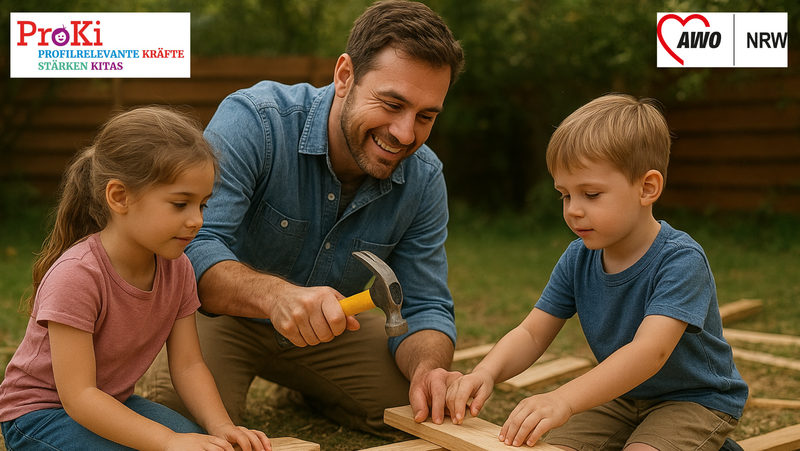  Auf dem Foto ist eine Szene im Freien zu sehen, in der ein erwachsener Mann mit zwei Kindern (einem Mädchen und einem Jungen) arbeitet. Der Mann und der Junge schauen auf ein Stück Holz, während der Mann einen Hammer hält, als würde er gerade einen Nagel einschlagen oder etwas zusammenbauen. Das Mädchen sitzt links und schaut ebenfalls zu. Im oberen Bereich sind zwei Logos zu sehen: Links das "ProKi – PROFILRELEVANTE KRÄFTE STÄRKEN KITAS"-Logo und rechts das Logo der "AWO NRW" (Arbeiterwohlfahrt Nordrhein-Westfalen), was darauf hindeutet, dass das Bild im Kontext dieser Organisationen verwendet wird.