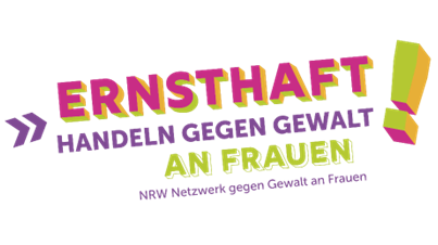 Das Bild zeigt ein Logo mit dem Text „ERNSTHAFT! HANDELN GEGEN GEWALT AN FRAUEN NRW Netzwerk gegen Gewalt an Frauen“. Der Text ist in verschiedenen Farben gestaltet: „ERNSTHAFT!“ ist in einer Kombination aus Pink und Gelb, „HANDELN GEGEN GEWALT“ in Lila, und „AN FRAUEN“ in Grün. Darunter steht in kleinerer Schrift „NRW Netzwerk gegen Gewalt an Frauen“.