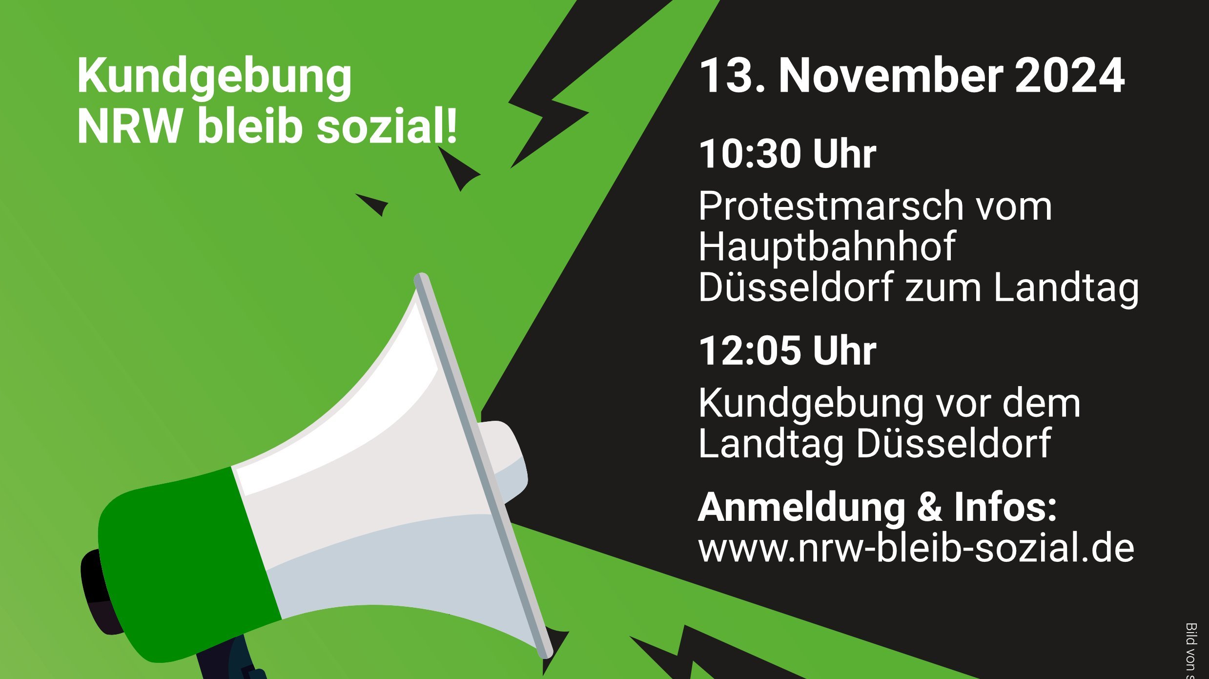 Das Foto zeigt auf schwarz-grünem Hintergrund ein weißes Megafon und den Text "Kundgebung NRW bleib sozial" mit den im Fließtext genannten Informationen zur Demo